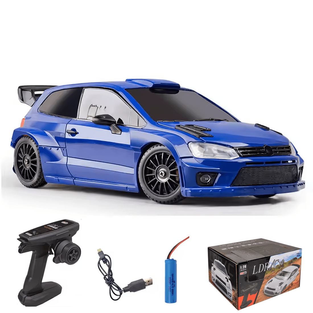 1/28 Scale 4WD RC Drift Racing Car Full Proportional 2.4GHz Remote Control Sports Car Model With LED Lights Dual Tire Set Vehicle For Adults Hobbyists - LD2801/Blue