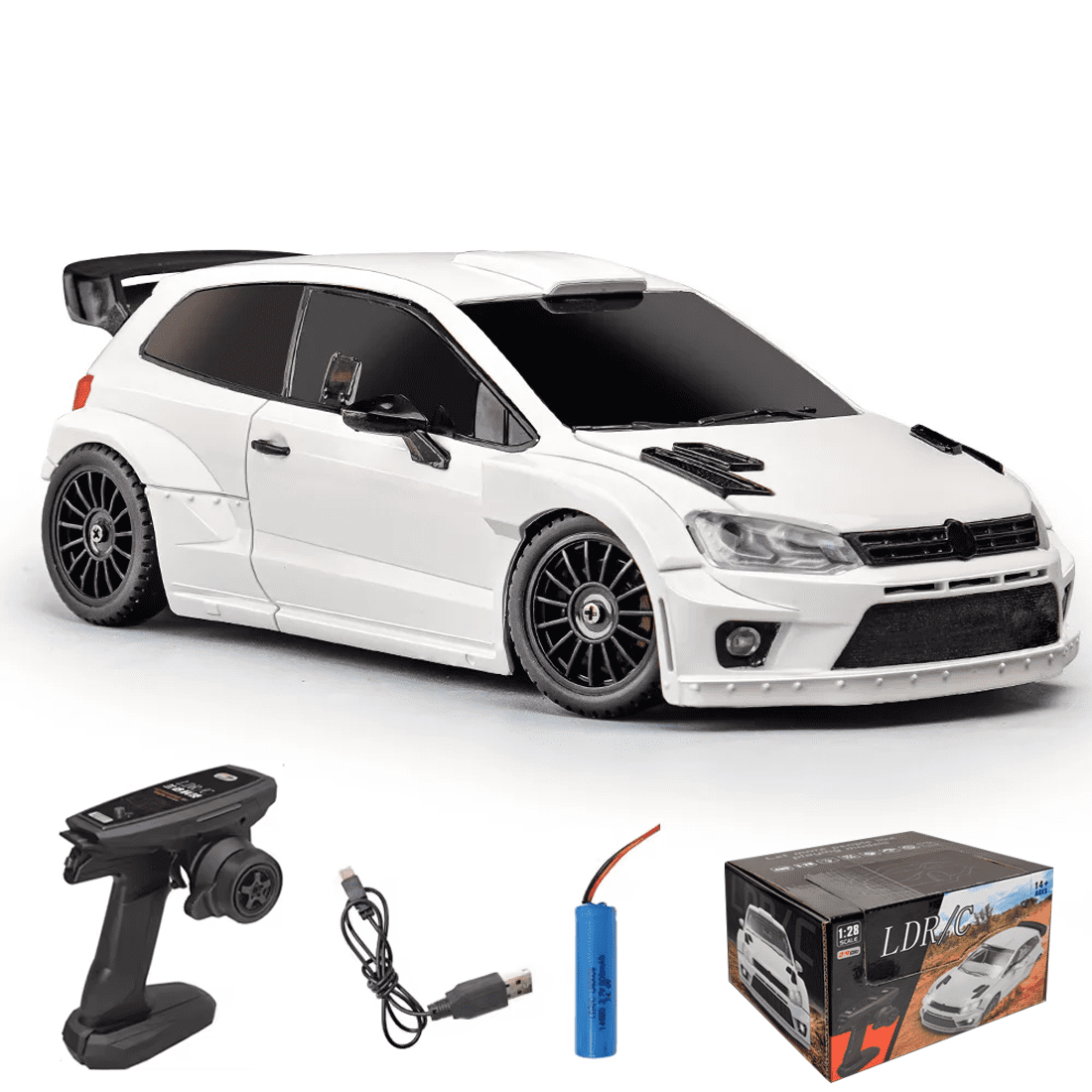 1/28 Scale 4WD RC Drift Racing Car Full Proportional 2.4GHz Remote Control Sports Car Model With LED Lights Dual Tire Set Vehicle For Adults Hobbyists - LD2801/ White