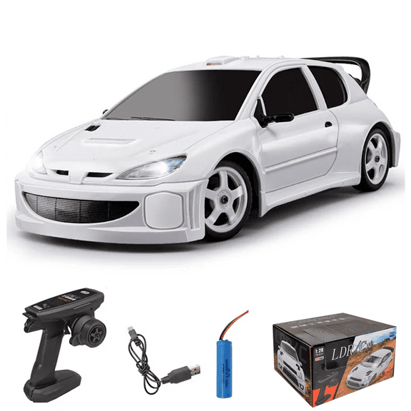 1:28 Scale High-Speed RC Drift Car, 2.4G Full Proportional 4WD Remote Control Car with LED Lights & 2 Sets of Tires for Enthusiasts
