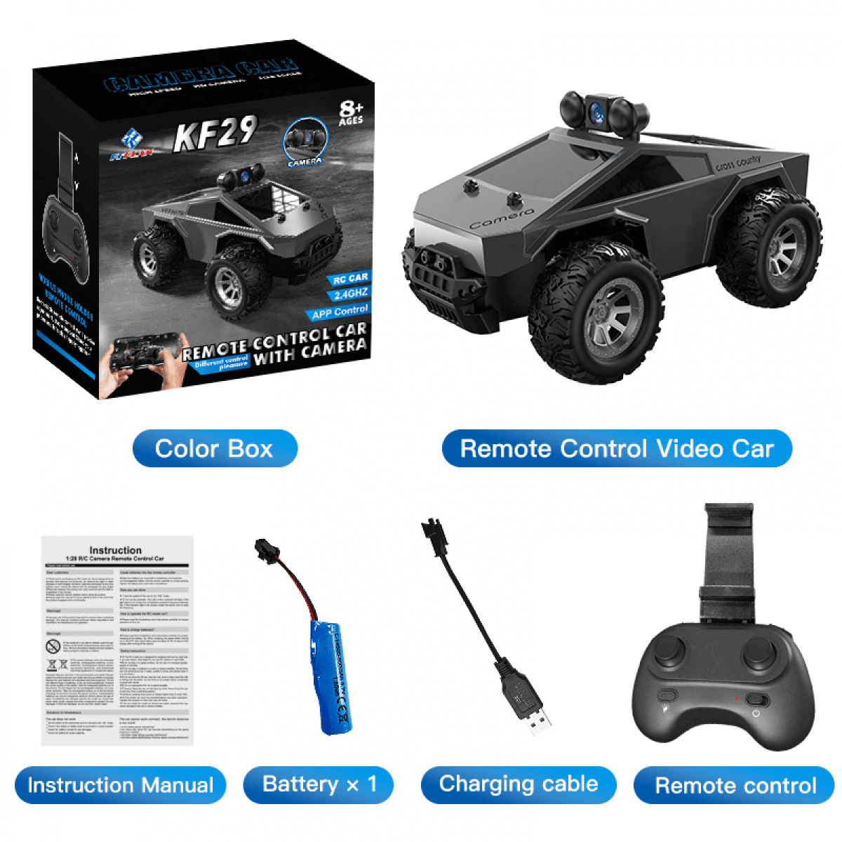 1/28 Scale Remote Control Car with Camera for Adults, 2.4GHz RC Truck with Videos Transmission & KF29-A Camera for Kids Christmas Birthday Gifts