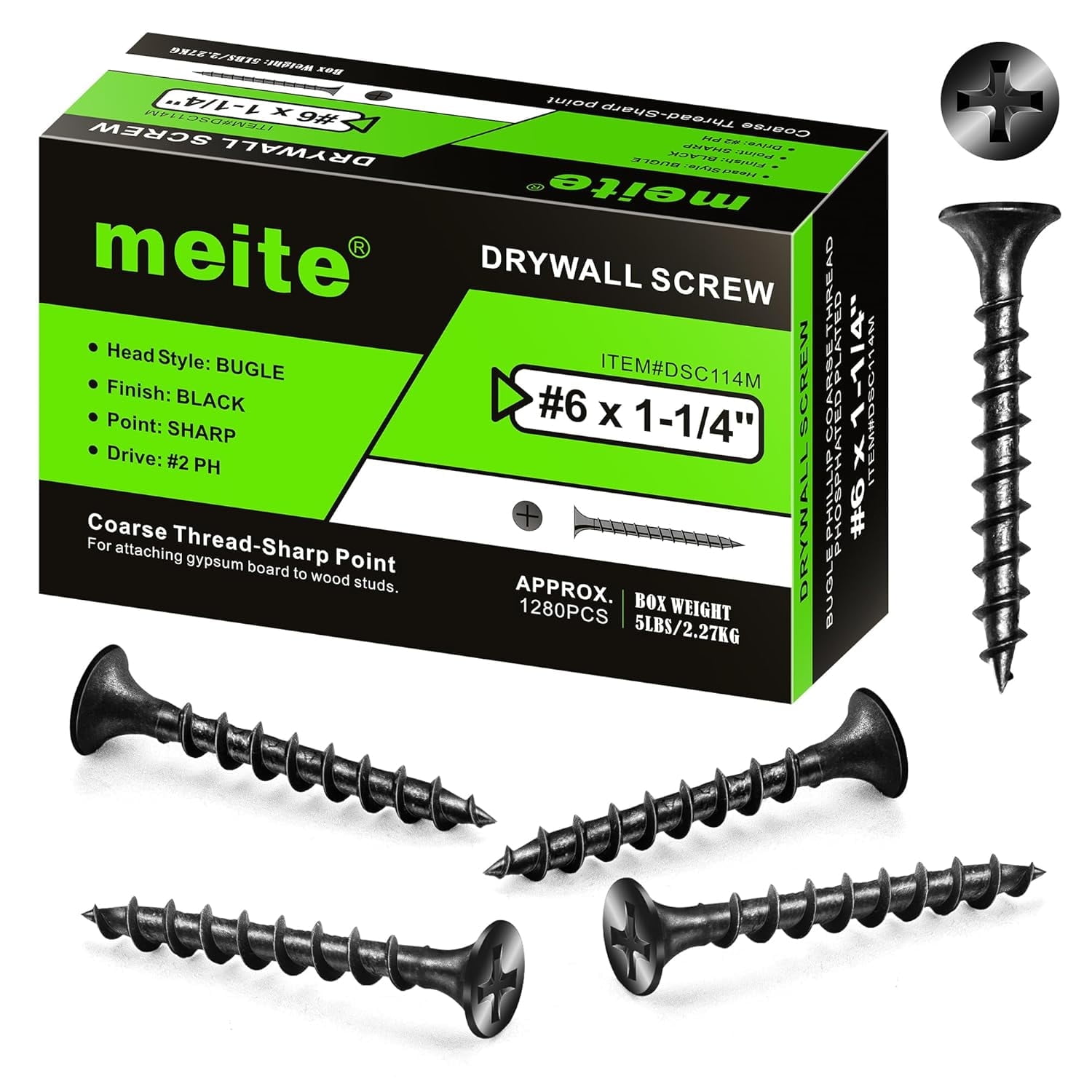 MEITE Drywall Screws, #6 x 1-1/4" Coarse Thread Wood Screws for Drywall, Wood and Furniture (5 LBS)