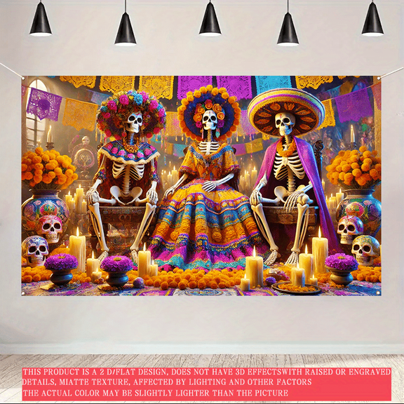 1 2D FLAT holiday party decoration banner, Day of the Dead themed skull background cloth, holiday party decoration photo and photography background banner arrangement, holiday party group photo backg
