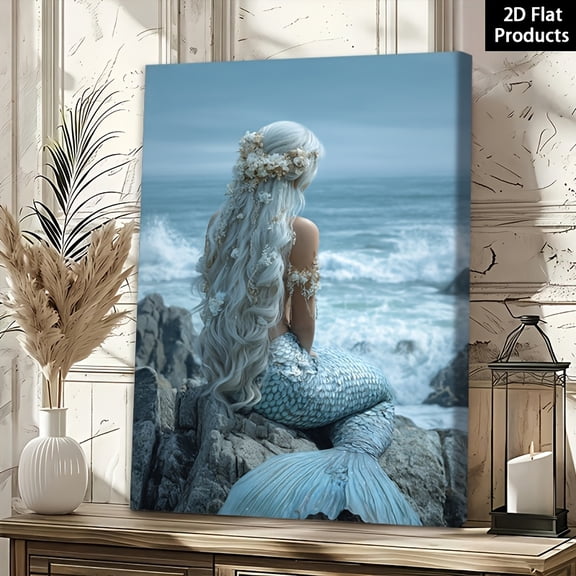 1 2D Flat Framed Canvas Painting Poster | Mermaid Sitting on Coastal Rocks with Silver Hair | Frame, Art Deco Style, Perfect for Wall Decor, Room Decoration, Living Room, Winter Spring, Bathroom