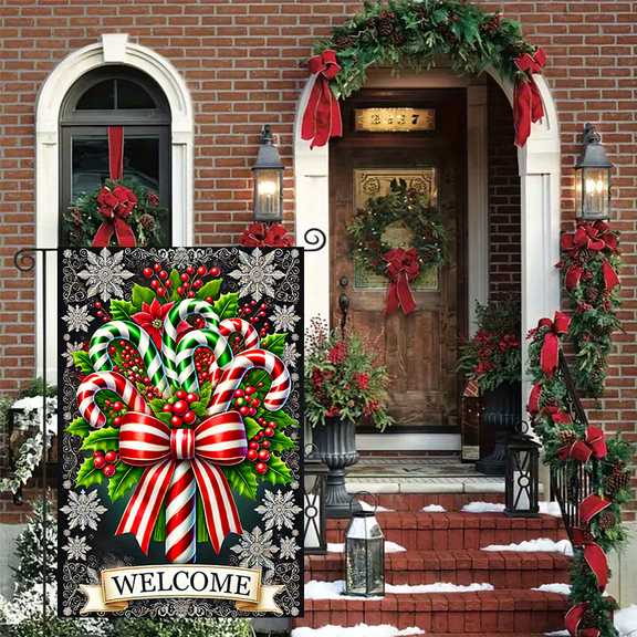1 2D flat 12x18-inch Christmas garden wreath flag, double-sided vertical edge decorative wreath, holiday party garden decorative flag, suitable for winter outdoor decoration and farm yard wall decora