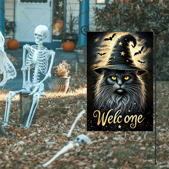 1 2D flat Halloween Witch Cat Welcome Flag - A holiday decoration featuring a mysterious black cat wearing a wizard hat adorned with golden accents. This high-quality fabric flag is perfect for both