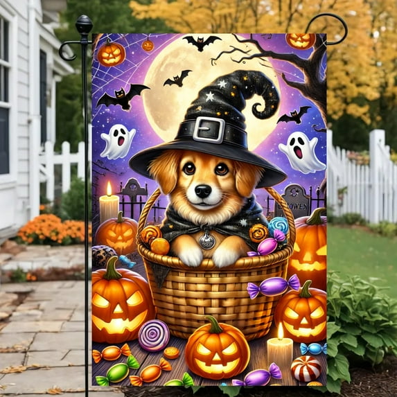 1 2D flat Halloween dog party design garden flag -18x12 inches double-sided printing, durable polyester, perfect for outdoor home and garden decoration (excluding flagpole)