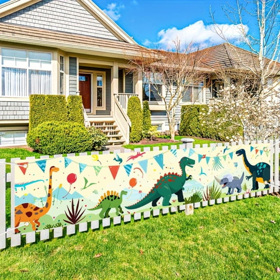 1 2D flat banner, featuring dinosaurs, party flags and balloons, decorated in a childlike style, made of polyester, 78.74×17.72 inches, a children's birthday celebration banner, suitable for children