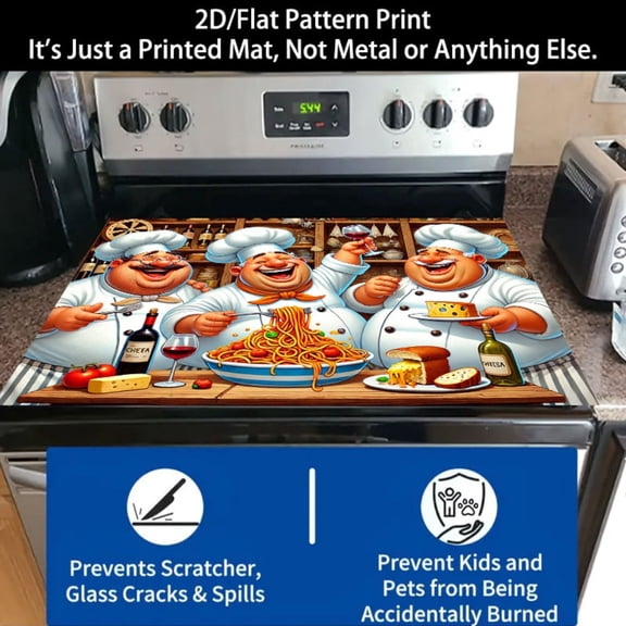 1 2D/flat stove cover protection pad, cartoon-style happy fat chef food feast pattern design, 28.3x20.5 inches (72×52cm), easy to clean, perfectly suitable for any kitchen, washing machine, dryer, st