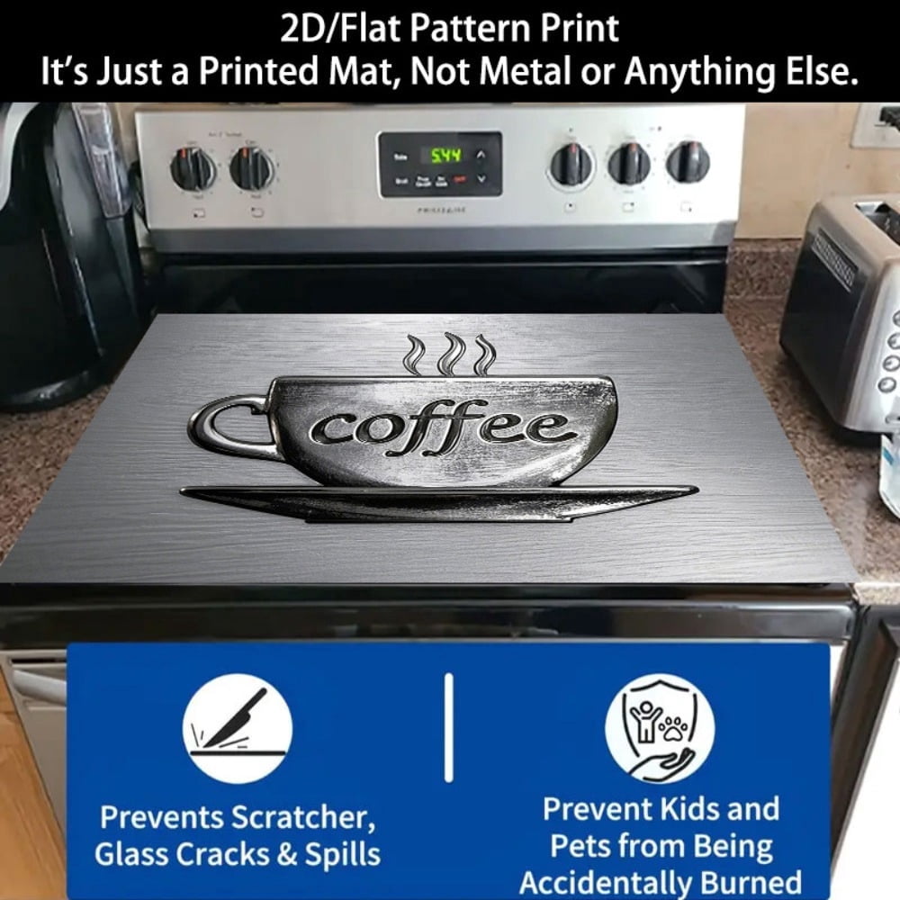 1 2D/flat stove cover protection pad, embodged coffee cup pattern design, 28.3x20.5 inches (72×52cm), easy to clean, perfectly suitable for any kitchen, washing machine, dryer, stove panel protection