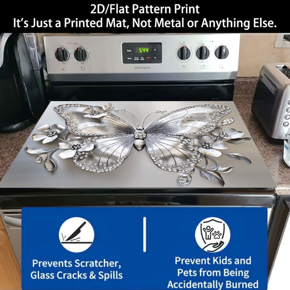 1 2D/flat stove cover protection pad, embossed diamond-encrusted butterfly flower pattern design, 28.3x20.5 inches (72×52cm), easy to clean, perfectly suitable for any kitchen, washing machine, dryer