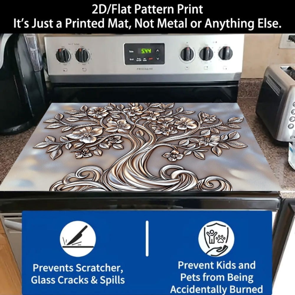 1 2D/flat stove cover protection pad, embossed floral curve tree pattern design, 28.3x20.5 inches (72×52cm), easy to clean, perfectly suitable for any kitchen, washing machine, dryer, stove panel pro