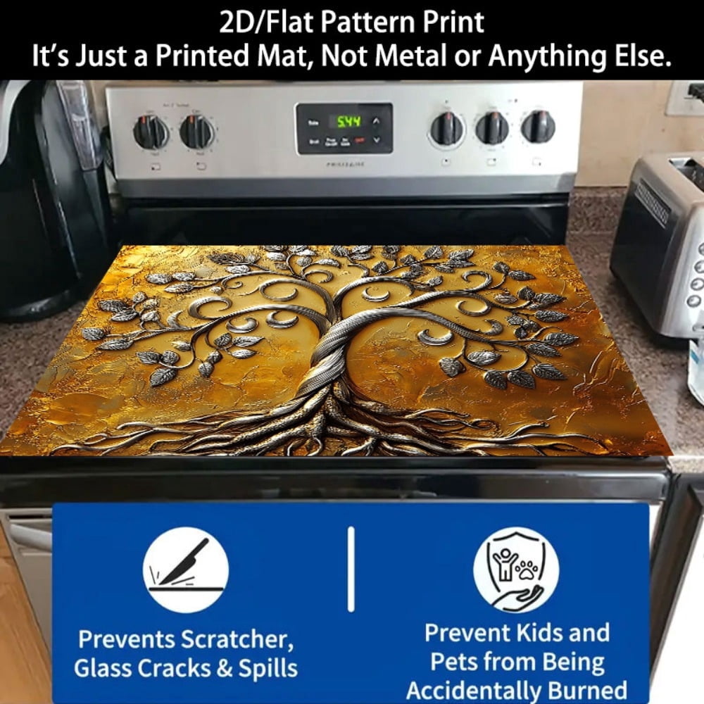 1 2D/flat stove cover protection pad, with a gold base and silver decoration crescent-shaped curve tree pattern design, 28.3x20.5 inches (72×52cm), easy to clean, perfectly suitable for any kitchen,