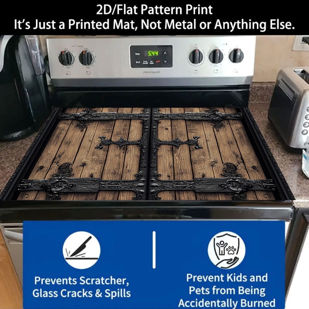 1 2D/flat stove cover protection pad, retro-style wooden ironwork decorative door pattern design, 28.3x20.5 inches (72×52cm), easy to clean, perfectly suitable for any kitchen, washing machine, dryer