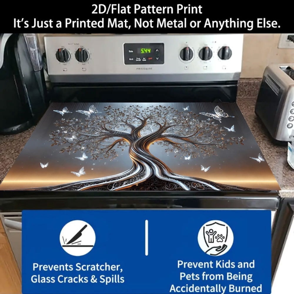 1 2D/flat stove cover protection pad, silver-brown crystal butterfly decorative tree pattern design, 28.3x20.5 inches (72×52cm), easy to clean, perfectly suitable for any kitchen, washing machine, dr