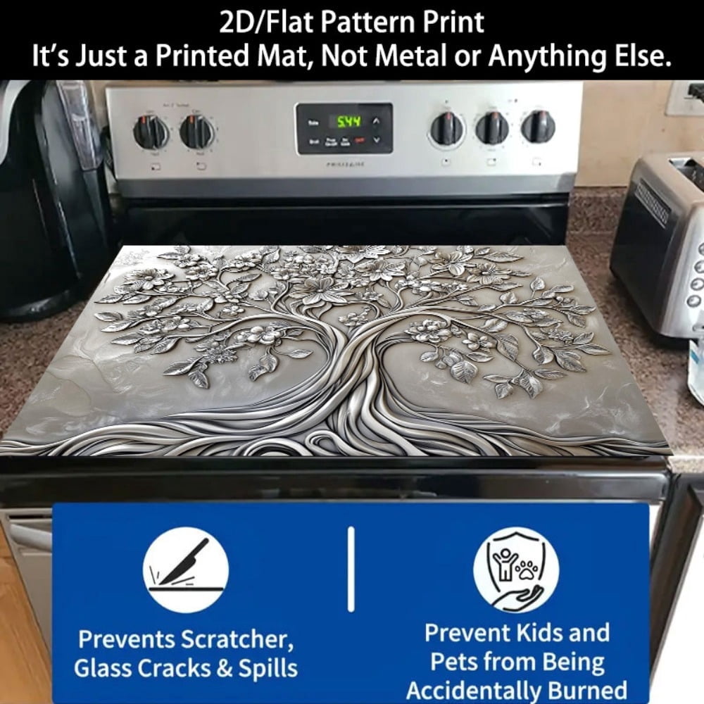 1 2D/flat stove cover protection pad, silver embossed wind flower branch leaf tree pattern design, 28.3x20.5 inches (72×52cm), easy to clean, perfectly suitable for any kitchen, washing machine, drye