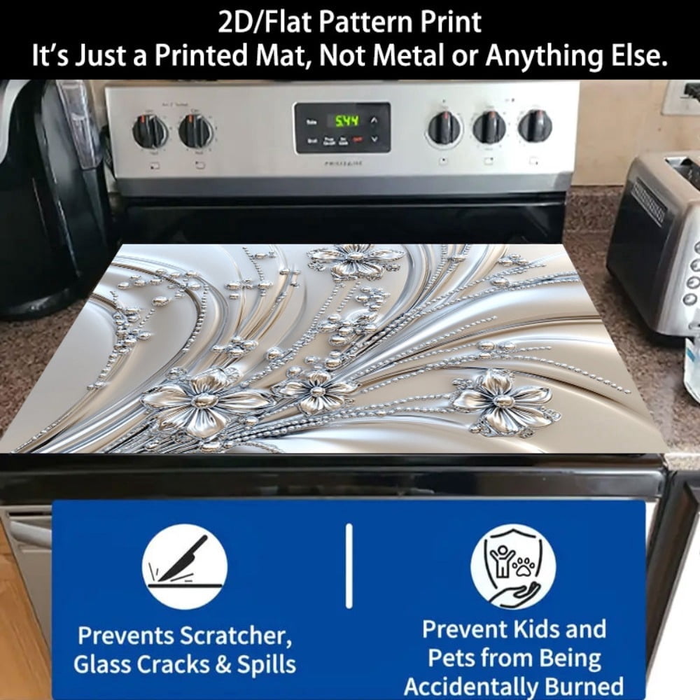 1 2D/flat stove cover protection pad, silver flower bead pattern design, 28.3x20.5 inches (72×52cm), easy to clean, perfectly suitable for any kitchen, washing machine, dryer, stove panel protection