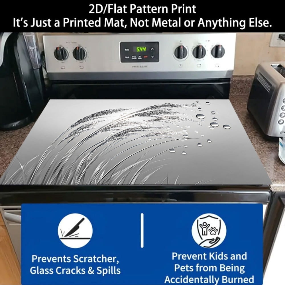 1 2D/flat stove cover protection pad, silver-toned grass ear water droplet pattern design, 28.3x20.5 inches (72×52cm), easy to clean, perfectly suitable for any kitchen, washing machine, dryer, stove