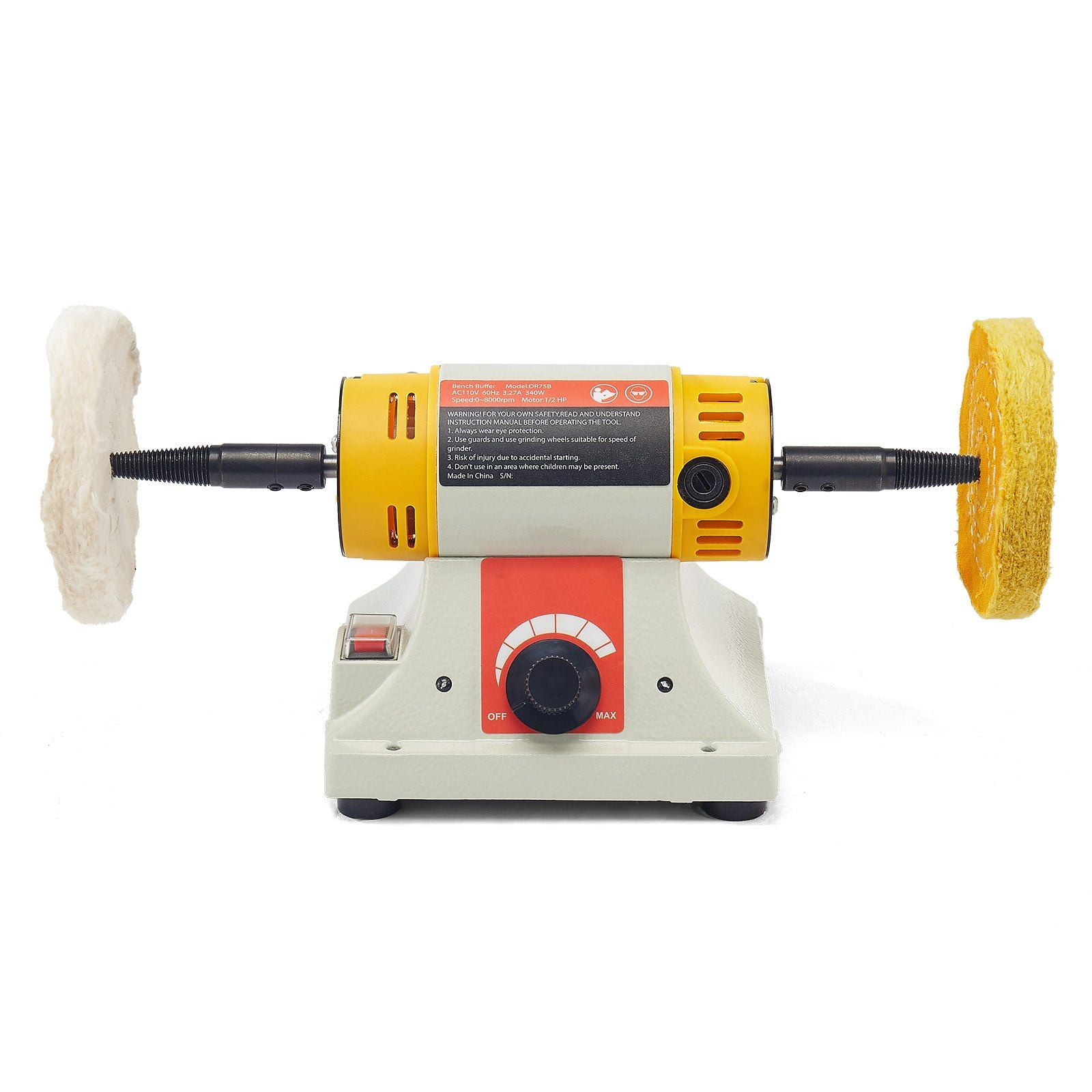1/2HP Bench Buffer Polisher with 0–8000 RPM Stepless Speed Control, Compact Benchtop Buffing Machine with 3-Inch & 4-Inch Wheels, Complete Polishing Kit for Metal, Wood, and Jewelry Finishing