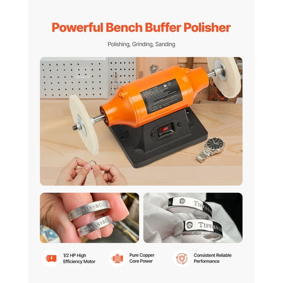 1/2HP Bench Buffer Polisher,6-"Bench Polishing Buffing Machine,3450RPM Single Speed Benchtop Polisher with 2PCS Cloth Wheels&Cast Iron Base for Metal,Jewelry,Wood Polishing