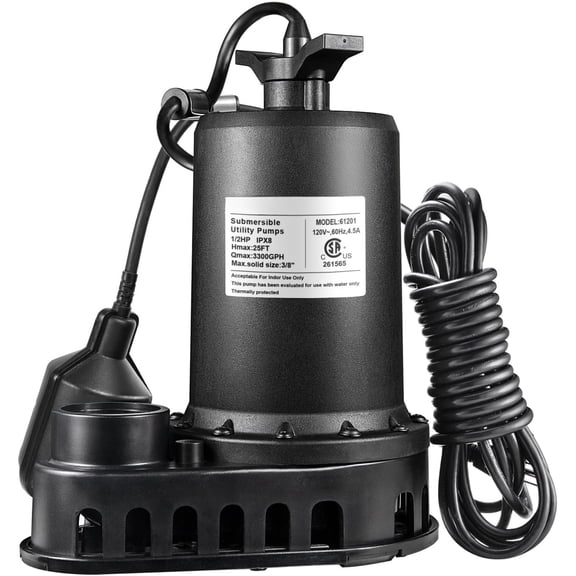 1/2HP Sump Pump,3300GPH Thermoplastic Utility Pump Electric Portable Transfer Clean/Dirty Submersible Pump with Float for Pool Tub Garden Pond Draining with 10 FT Cord