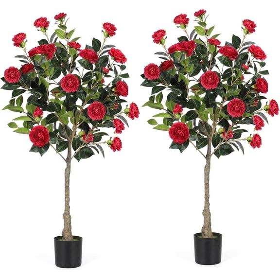 1.2M Artificial Camellia Tree (2 Pack, Red) – Lifelike Faux Potted Plant for Living Room, Bedroom, Office Decor (No Maintenance)