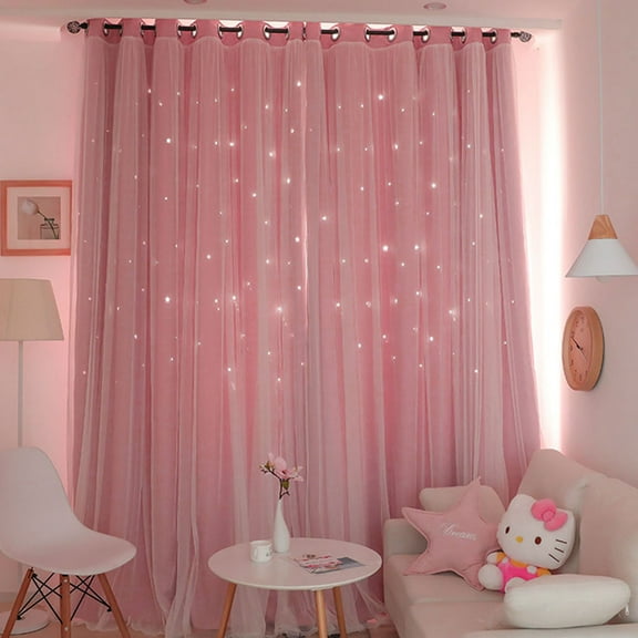 Willstar 1/2PCS Full Blackout Curtain Double-decker Nordic Style Bedroom Living Room Curtain Hollow Star Net Princess Wind Curtain