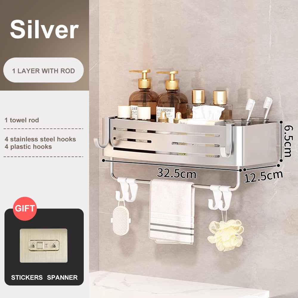 1-2PCS Shower Corner Shelf with Towel Bar Hook Space Aluminum Bathroom ...