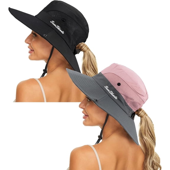 1/2Pack Women's Summer Sun-Hat Ponytail - Outdoor UV-Protection Mesh Wide Brim Foldable Hat with Ponytail Hole