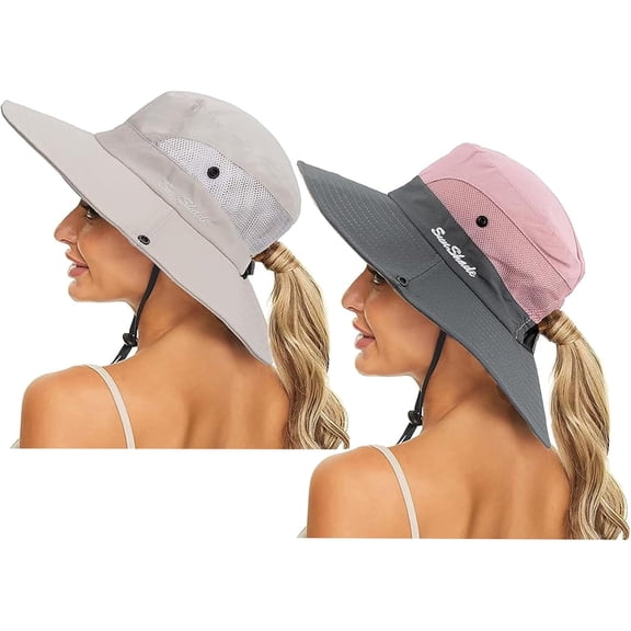 1/2Pack Women's Summer Sun-Hat Ponytail - Outdoor UV-Protection Mesh Wide Brim Foldable Hat with Ponytail Hole