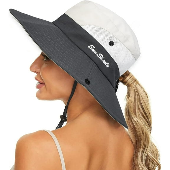 1/2Pack Women's Summer Sun-Hat Ponytail - Outdoor UV-Protection Mesh Wide Brim Foldable Hat with Ponytail Hole