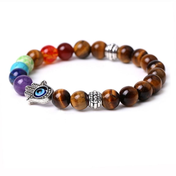 1Pcs Hamsa Hand Fatima 7-Chakra Lava Agate Beads Bracelet Reiki Energy Yoga