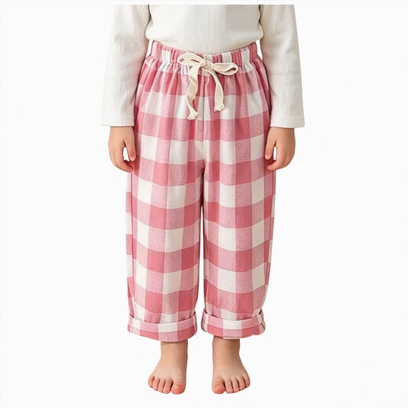 1-2T Boys Girls Gingham Plaid Jogger Pants,Lightweight Cotton Drawstring Loose Harem Pants,Breathable Cuffed Lounge Pajama Sweatpant for Toddler Little Big Girls Size 12 Months-10T,Red