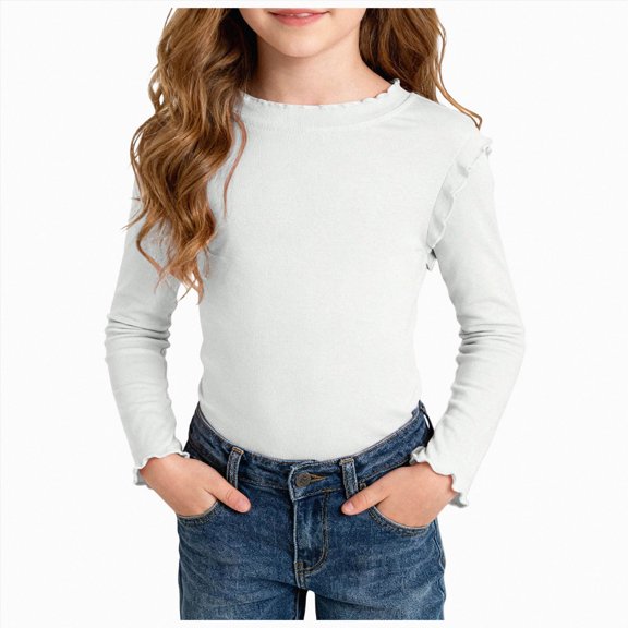 1-2T Toddler Girls Long Sleeve Crew Neck Top,Ruffled Trim Solid Basic Tee Shirt,Soft Casual Pullover Fall Winter School Daily Layering Girls Fall Clothes