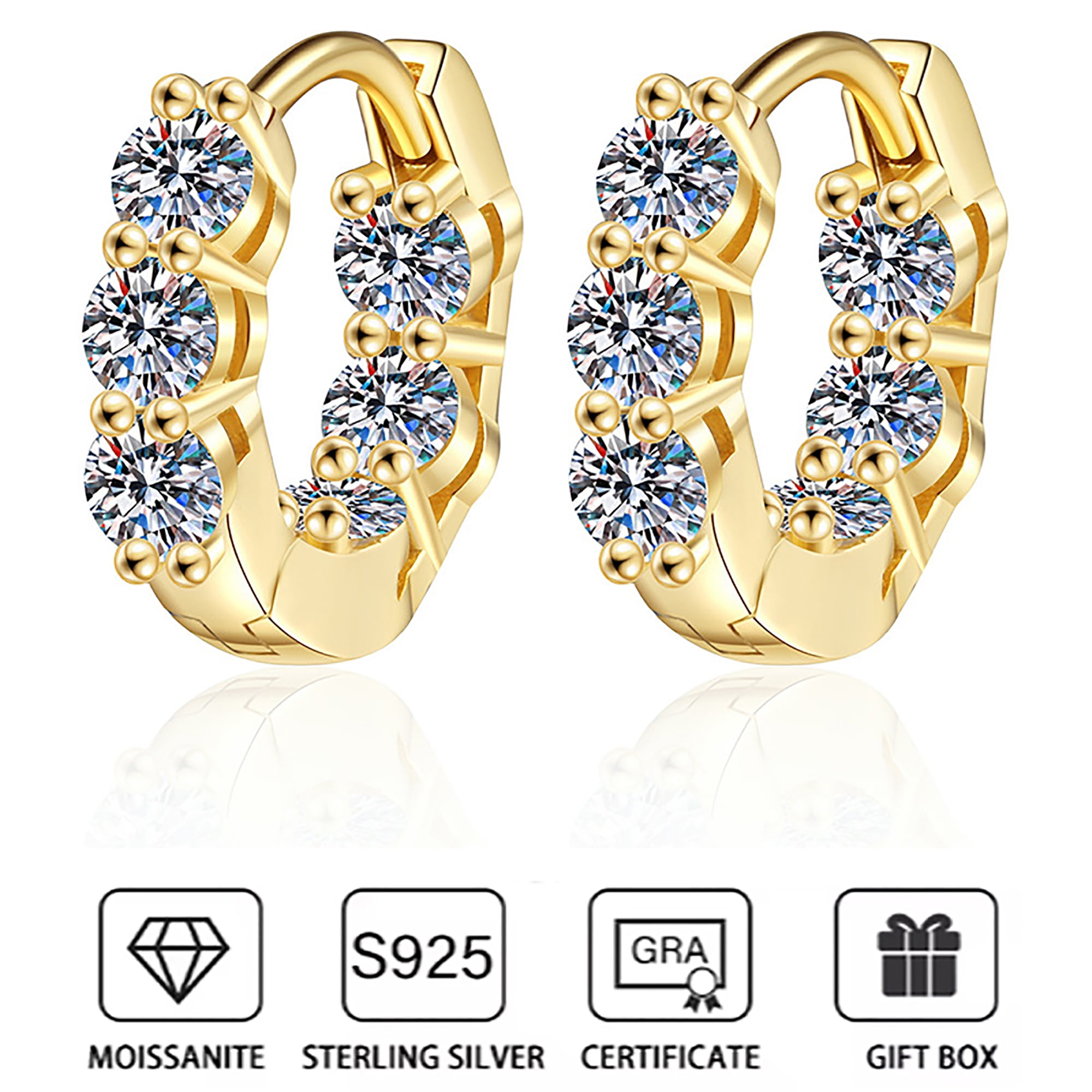 1.2ct Full Moissanite Hoop Earrings for Women, D Color Moissanite Simulated Diamond, 925 Sterling Silver with 14K Yellow Gold Plated, Hypoallergenic, Jewelry Box Packed, Wedding Jewelry Gifts