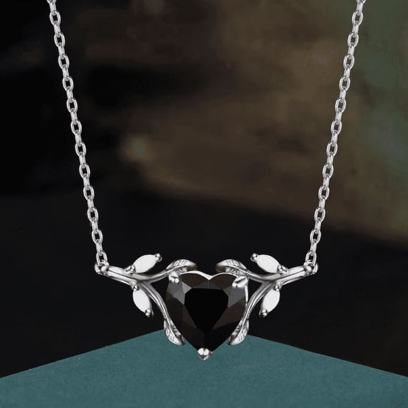 1.2ct Heart Cut Black Onyx Pendant Necklace IN 925 Sterling Silver- Nature Inspired Leaf Twig Branch Love Shape Black Gemstone Drop Necklace