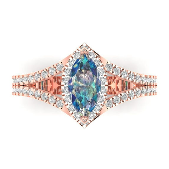 1.2ct Marquise Cut Blue Moissanite 18k Pink Rose Gold Engraving Statement Bridal Wedding Halo Designer Ring Size 6.5