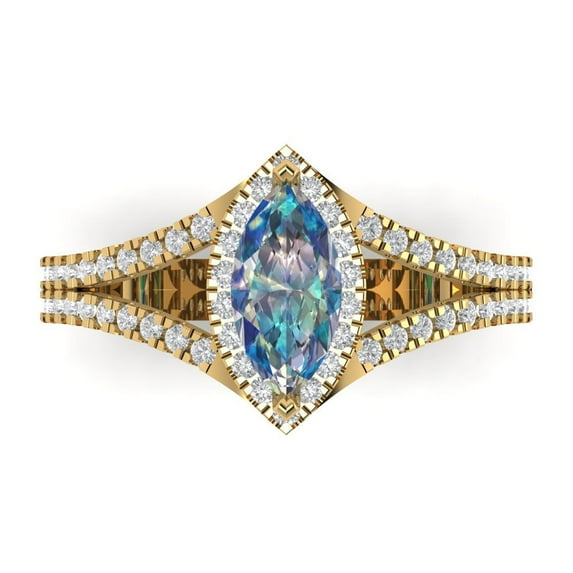 1.2ct Marquise Cut Blue Moissanite 18k Yellow Gold Engraving Statement Bridal Wedding Halo Designer Ring Size 8