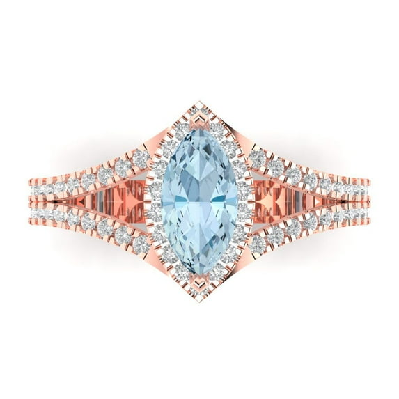 1.2ct Marquise Cut Blue Natural Aquamarine 18k Pink Rose Gold Engraving Statement Bridal Wedding Halo Designer Ring Size 8