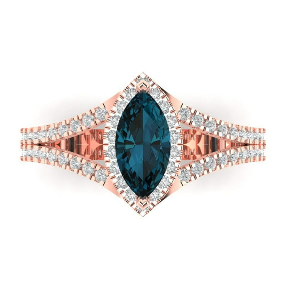 1.2ct Marquise Cut Blue Natural London Blue Topaz 18k Pink Rose Gold Engraving Statement Bridal Wedding Halo Designer Ring Size 5.5