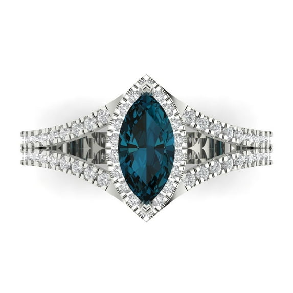 1.2ct Marquise Cut Blue Natural London Blue Topaz 18k White Gold Engraving Statement Bridal Wedding Halo Designer Ring Size 8