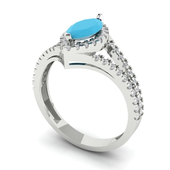 1.2ct Marquise Cut Blue Turquoise 18k White Gold Engraving Statement Halo Bridal Wedding Engagement Promise Anniversary Ring for Women Size 9