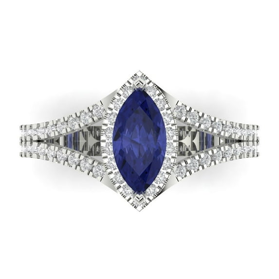 1.2ct Marquise Cut Blue Tanzanite 18k White Gold Engraving Statement Bridal Wedding Halo Designer Ring Size 6