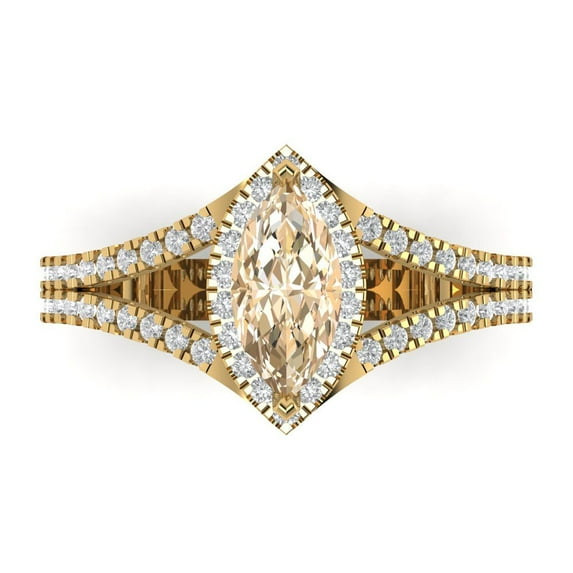 1.2ct Marquise Cut Brown Natural Morganite 18k Yellow Gold Engraving Statement Bridal Wedding Halo Designer Ring Size 8