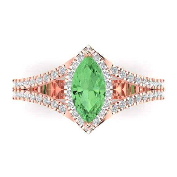 1.2ct Marquise Cut Green Crystal 18k Pink Rose Gold Engraving Statement Bridal Wedding Halo Designer Ring Size 5