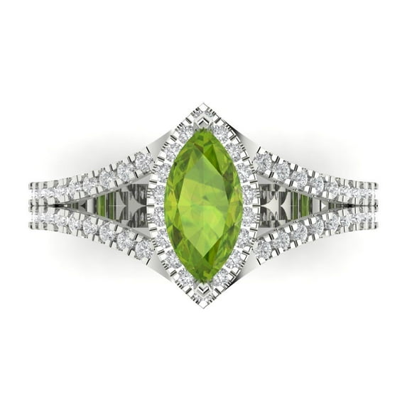 1.2ct Marquise Cut Green Natural Peridot 18k White Gold Engraving Statement Bridal Wedding Halo Designer Ring Size 10.5