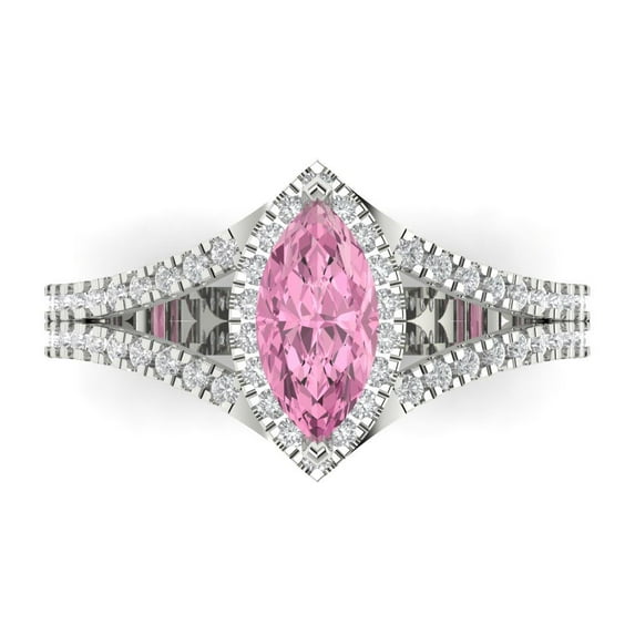 1.2ct Marquise Cut Pink Crystal 18k White Gold Engraving Statement Bridal Wedding Halo Designer Ring Size 4