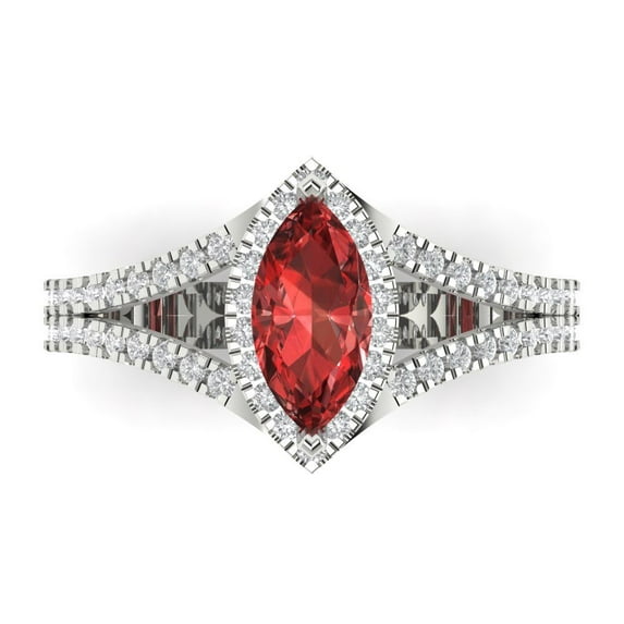 1.2ct Marquise Cut Red Natural Garnet 18k White Gold Engraving Statement Bridal Wedding Halo Designer Ring Size 4.5