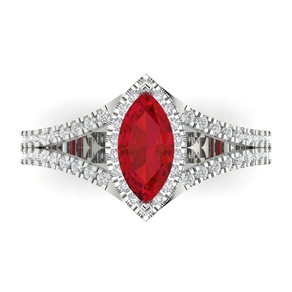 1.2ct Marquise Cut Red Ruby 18k White Gold Engraving Statement Bridal Wedding Halo Designer Ring Size 5.5
