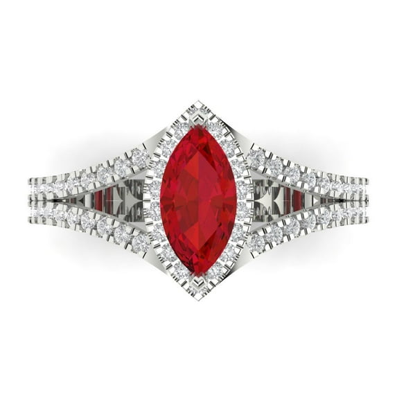 1.2ct Marquise Cut Red Ruby 18k White Gold Engraving Statement Bridal Wedding Halo Designer Ring Size 5