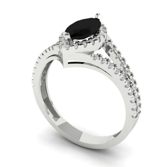 1.2ct marquise cut black natural onyx 18k white gold halo Bridal Wedding Engagement Promise Anniversary Ring for Women size 8.5